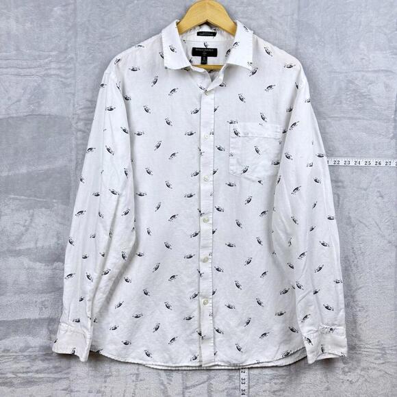 Banana Republic Slim Fit Linen Cotton Shirt Sz XL White Turtle Print Long Sleeve - Picture 2 of 10